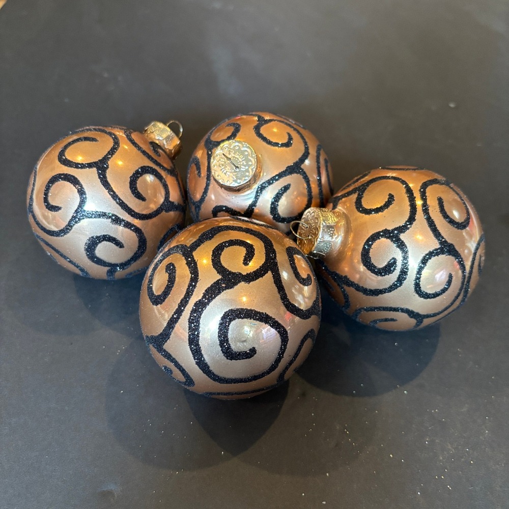Rauch Gold Black Glitter Swirl Glass Christmas Ornaments Set of 4